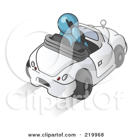 Royalty-Free (RF) Clipart Illustration of a Denim Blue Businessman Talking on a Cell Phone While Driving in a White Convertible Car by Leo Blanchette