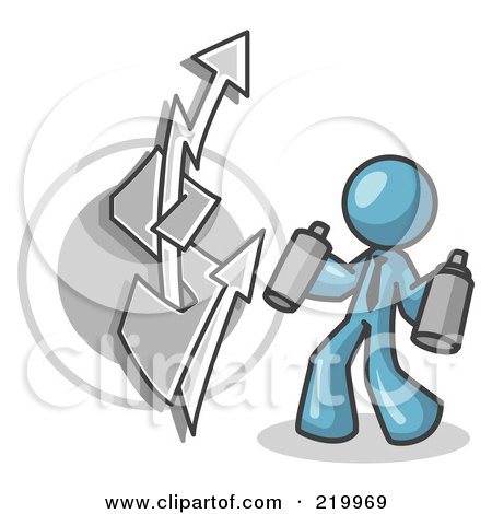 Royalty-Free (RF) Clipart Illustration of a Denim Blue Business Man Spray Painting a Graffiti Dollar Sign on a Wall by Leo Blanchette