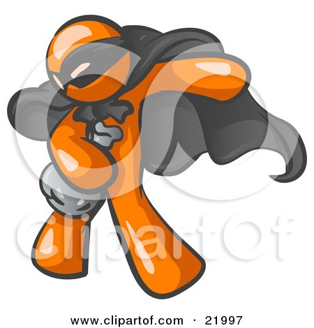 Clipart Picture Illustration of an Orange Man In A Mask And Cape, Stealing Belongings In A Bag by Leo Blanchette