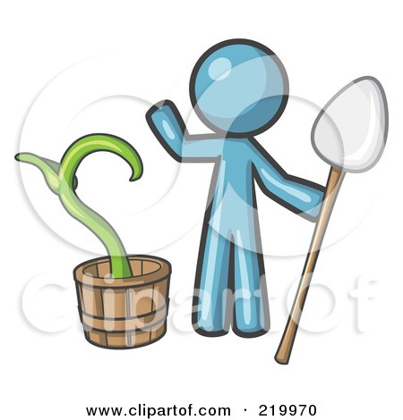Royalty-Free (RF) Clipart Illustration of a Denim Blue Man Holding A Shovel By A Potted Plant by Leo Blanchette