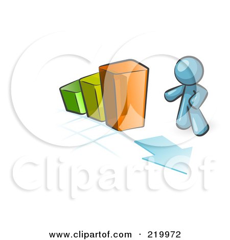 Royalty-Free (RF) Clipart Illustration of a Denim Blue Man Standing By An Increasing Green, Yellow And Orange Bar Graph On A Grid Background With An Arrow by Leo Blanchette
