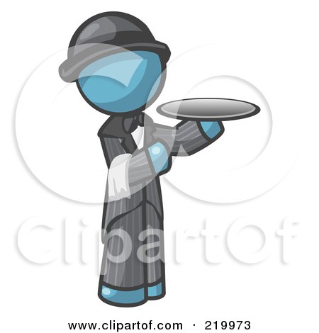 Royalty-Free (RF) Clipart Illustration of a Denim Blue Man Butler Serving A Platter by Leo Blanchette