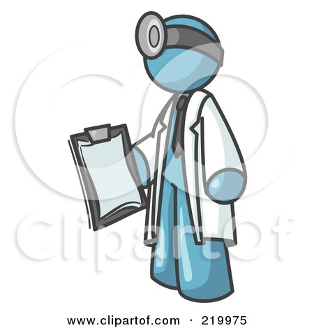 Royalty-Free (RF) Clipart Illustration of a Denim Blue Male Doctor Holding a Clipboard And Wearing a Head Lamp by Leo Blanchette