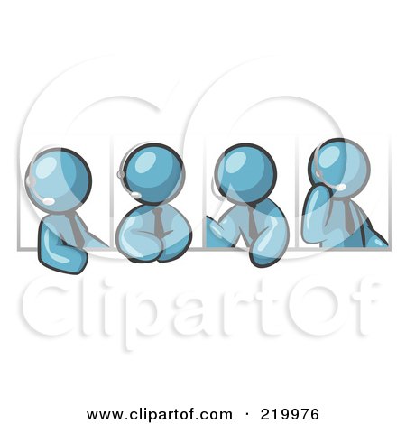 Royalty-Free (RF) Clipart Illustration of Four Different Denim Blue Men Wearing Headsets And Having A Discussion During A Phone Meeting by Leo Blanchette