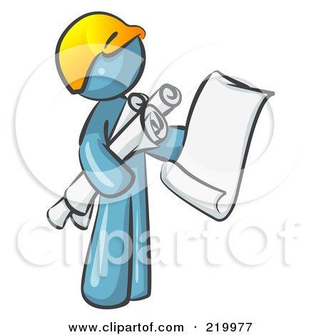 Royalty-Free (RF) Clipart Illustration of a Denim Blue Man Contractor Or Architect Holding Rolled Blueprints And Designs And Wearing A Hardhat by Leo Blanchette