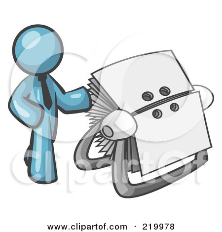 Royalty-Free (RF) Clipart Illustration of a Denim Blue Businessman Standing Beside A Rotary Card File With Blank Index Cards by Leo Blanchette