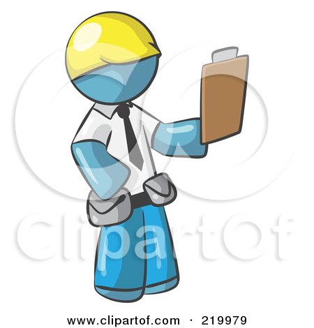 Royalty-Free (RF) Clipart Illustration of a Denim Blue Man Construction Site Supervisor Holding A Clipboard by Leo Blanchette