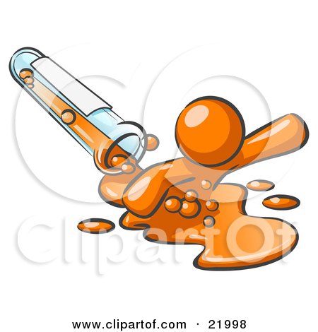 Clipart Picture Illustration of an Orange Man Emerging From Spilled Chemicals Pouring Out Of A Glass Test Tube In A Laboratory by Leo Blanchette