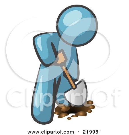 Royalty-Free (RF) Clipart Illustration of a Denim Blue Man Using A Shovel To Dig A Hole For A Plant In A Garden  by Leo Blanchette