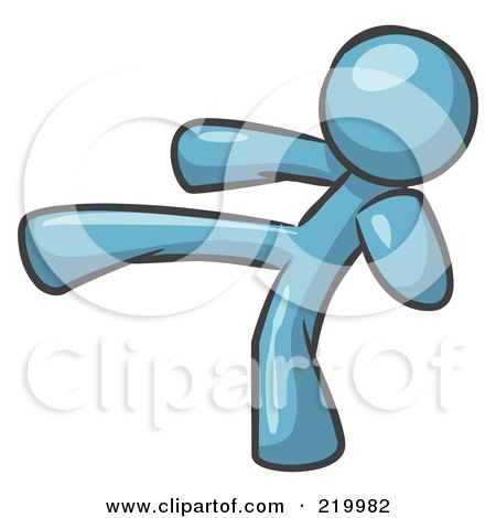 Royalty-Free (RF) Clipart Illustration of a Denim Blue Man Kicking, Perhaps While Kickboxing by Leo Blanchette