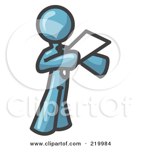 Royalty-Free (RF) Clipart Illustration of a Denim Blue Businessman Holding a Piece of Paper During a Speech or Presentation by Leo Blanchette