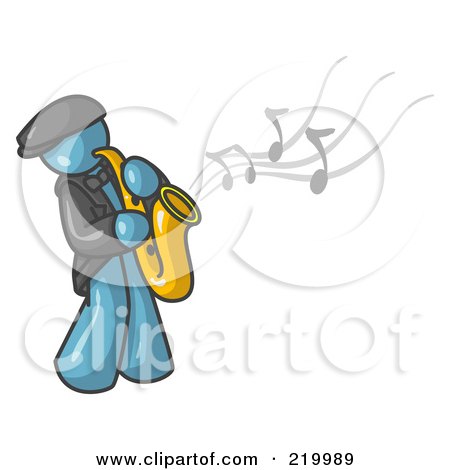 Royalty-Free (RF) Clipart Illustration of a Musical Denim Blue Man Playing Jazz With a Saxophone by Leo Blanchette