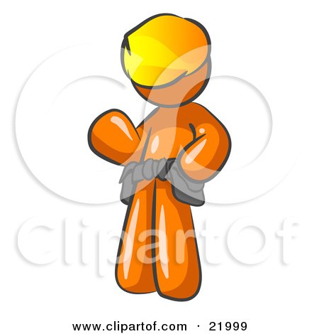 Clipart Picture Illustration of a Friendly Orange Construction Worker Or Handyman Wearing A Hardhat And Tool Belt And Waving by Leo Blanchette