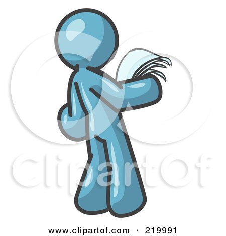 Royalty-Free (RF) Clipart Illustration of a Serious Denim Blue Man Reading Papers and Documents by Leo Blanchette