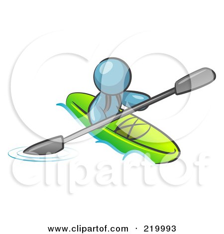 Royalty-Free (RF) Clipart Illustration of a Denim Blue Man Paddling Down A River In A Green Kayak by Leo Blanchette