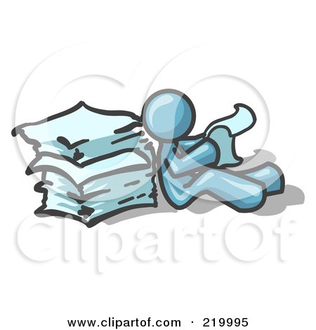 Royalty-Free (RF) Clipart Illustration of a Denim Blue Man Leaning Against a Stack of Papers by Leo Blanchette