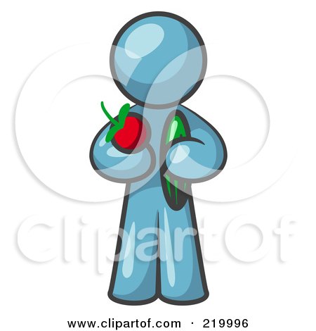 Royalty-Free (RF) Clipart Illustration of a Healthy Denim Blue Man Carrying A Fresh And Organic Apple And Cucumber by Leo Blanchette