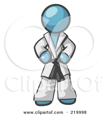 Royalty-Free (RF) Clipart Illustration of a Tough Denim Blue Man In A White Karate Suit And A Black Belt, Standing With His Hands On His Hips by Leo Blanchette