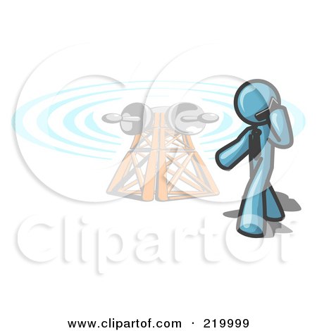 Royalty-Free (RF) Clipart Illustration of a Denim Blue Businessman Talking on a Cell Phone, a Communications Tower in the Background by Leo Blanchette