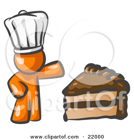 Clipart Picture Illustration of an Orange Chef Man Wearing A White Hat And Presenting A Tasty Slice Of Chocolate Cake by Leo Blanchette