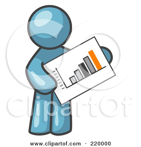 Royalty-Free (RF) Clipart Illustration of a Denim Blue Man Holding A Bar Graph Displaying An Increase In Profit by Leo Blanchette