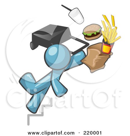 Royalty-Free (RF) Clipart Illustration of a Denim Blue Man Tripping On Stairs, With Fast Food And A Rolling Briefcase Flying by Leo Blanchette
