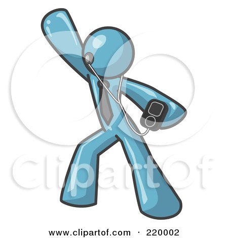 Royalty-Free (RF) Clipart Illustration of a Denim Blue Man Dancing and Listening to Music With an MP3 Player  by Leo Blanchette