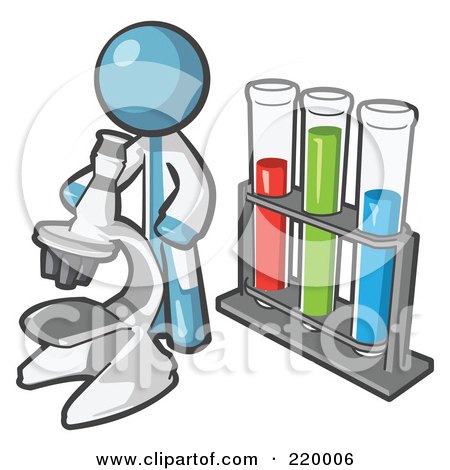 Royalty-Free (RF) Clipart Illustration of a Denim Blue Man Scientist Using A Microscope By Vials by Leo Blanchette