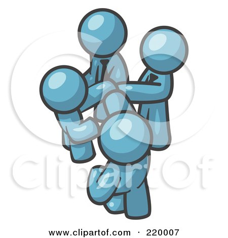 Royalty-Free (RF) Clipart Illustration of a Group of Denim Blue Businessmen Going in Together on a Deal by Leo Blanchette