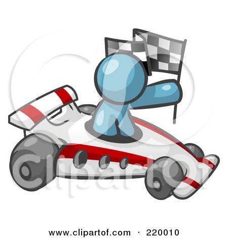 Royalty-Free (RF) Clipart Illustration of a Denim Blue Man Driving A Fast Race Car Past Flags While Racing by Leo Blanchette