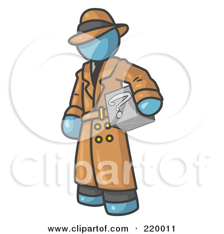 Royalty-Free (RF) Clipart Illustration of a Secretive Denim Blue Man in a Trench Coat and Hat, Carrying a Box With a Question Mark on it by Leo Blanchette