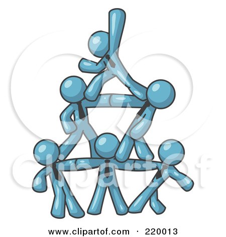 Royalty-Free (RF) Clipart Illustration of a Group of Denim Blue Businessmen Piling up to Form a Pyramid by Leo Blanchette