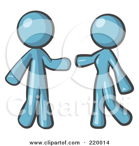 Royalty-Free (RF) Clipart Illustration of a Denim Blue Man And Woman Preparing To Embrace by Leo Blanchette