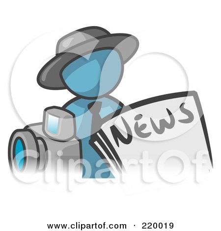 Royalty-Free (RF) Clipart Illustration of a Denim Blue Man Wearing A Hat, Posed In Front Of The News And A Camera by Leo Blanchette