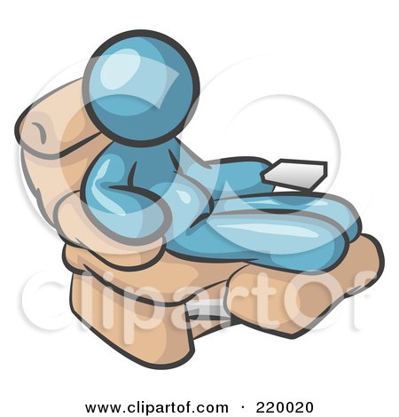 Royalty-Free (RF) Clipart Illustration of a Chubby And Lazy Denim Blue Man With A Beer Belly, Sitting In A Recliner Chair With His Feet Up by Leo Blanchette
