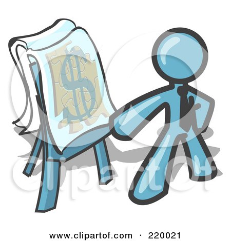 Royalty-Free (RF) Clipart Illustration of a Denim Blue Business Man Standing by a Dollar Sign Puzzle on a Presentation Board During a Meeting by Leo Blanchette