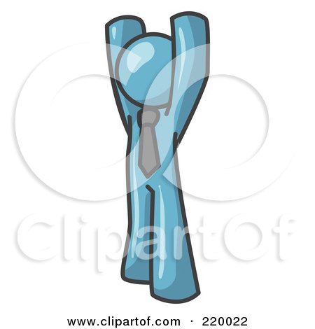 Royalty-Free (RF) Clipart Illustration of a Denim Blue Man Standing With His Arms Above His Head by Leo Blanchette