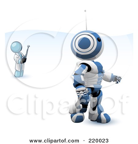 Royalty-Free (RF) Clipart Illustration of a Denim Blue Man Inventor Operating An Blue Robot With A Remote Control by Leo Blanchette