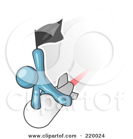 Royalty-Free (RF) Clipart Illustration of a Denim Blue Man Waving A Flag While Riding On Top Of A Fast Missile Or Rocket, Symbolizing Success by Leo Blanchette