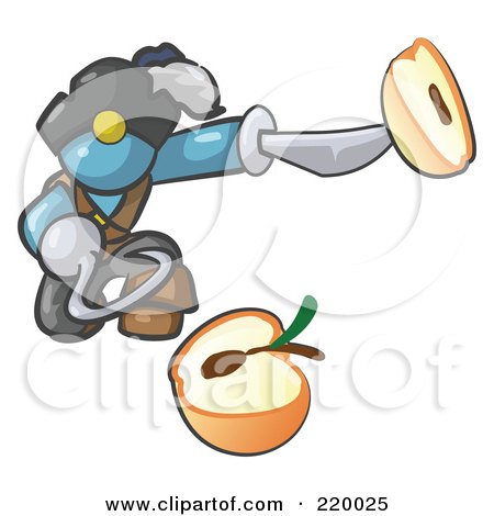 Royalty-Free (RF) Clipart Illustration of a Denim Blue Man Pirate With A Hook Hand, Holding A Sliced Apple On A Sword by Leo Blanchette