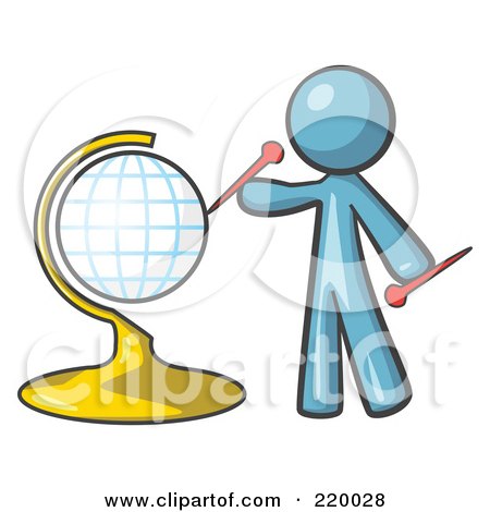 Royalty-Free (RF) Clipart Illustration of a Denim Blue Man Inserting Pins On A Globe by Leo Blanchette