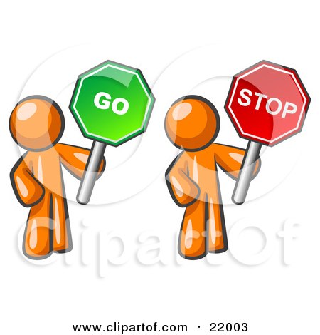 Clipart Picture Illustration of Orange Men Holding Red And Green Stop And Go Signs by Leo Blanchette