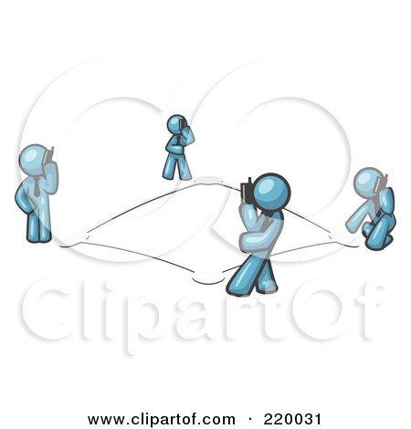 Royalty-Free (RF) Clipart Illustration of a Wireless Telephone Network of Denim Blue Men Talking on Cell Phones by Leo Blanchette