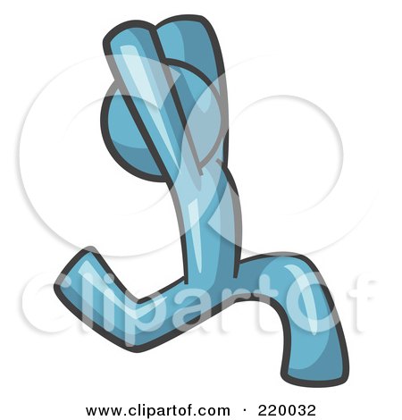 Royalty-Free (RF) Clipart Illustration of a Denim Blue Man Design Mascot Running Away With His Arms In The Air by Leo Blanchette