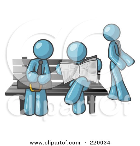 Royalty-Free (RF) Clipart Illustration of a Denim Blue Men at a Bench at a Bus Stop  by Leo Blanchette