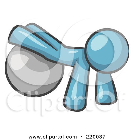 Royalty-Free (RF) Clipart Illustration of a Denim Blue Man Strength Training His Arms And Legs While Using A Yoga Exercise Ball by Leo Blanchette