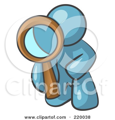 Royalty-Free (RF) Clipart Illustration of a Denim Blue Man Kneeling On One Knee To Look Closer At Something While Inspecting Or Investigating by Leo Blanchette
