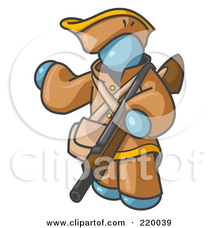 Royalty-Free (RF) Clipart Illustration of a Denim Blue Man in Hunting Gear, Carrying a Rifle by Leo Blanchette