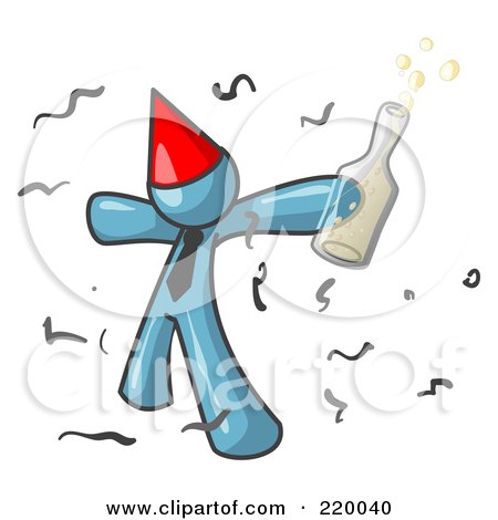 Royalty-Free (RF) Clipart Illustration of a Happy Denim Blue Man Partying With a Party Hat, Confetti and a Bottle of Liquor by Leo Blanchette