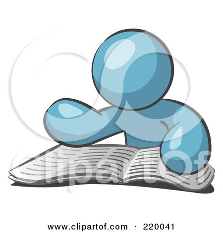 Royalty-Free (RF) Clipart Illustration of a Denim Blue Man Character Seated And Reading The Daily Newspaper To Brush Up On Current Events by Leo Blanchette